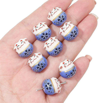 Set of 2 Artisan 14mm Ceramic Lucky Cat Charms for Creative Jewelry Designs