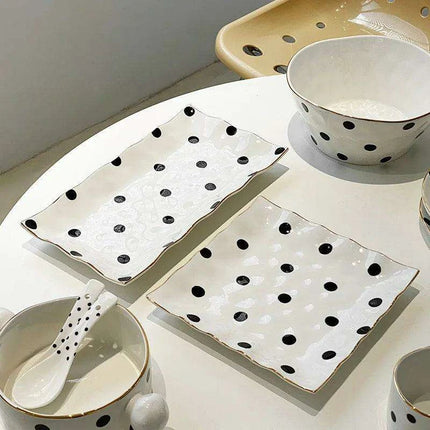 Elegant Gold-Trimmed Polka Dot Ceramic Dining Set for Sophisticated Entertaining