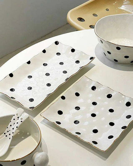 Elegant Gold-Trimmed Polka Dot Ceramic Dining Set for Sophisticated Entertaining