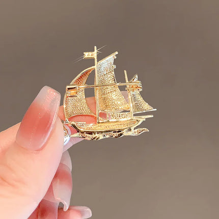 Crystal Pearl Sailing Ship Brooch — Elegant Gold Pin