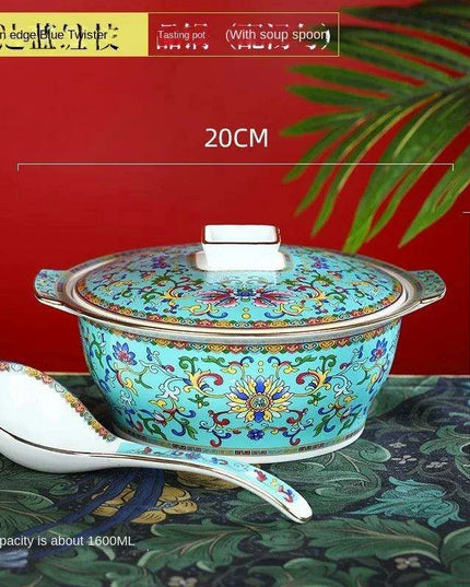 Authentic Elegant Under-glazed Ceramic Soup Pot with Lid and Spoon - Large Round Design with Gold Accents for Chinese Dining and Decor