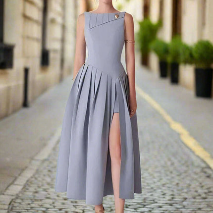 Elegant High Split Pleated Evening Dress with Zipper Waist for Women