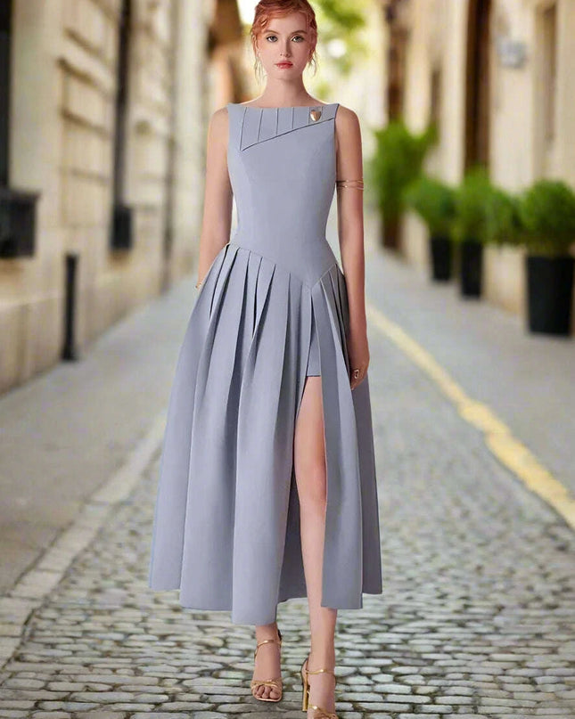 Elegant High Split Pleated Evening Dress with Zipper Waist for Women