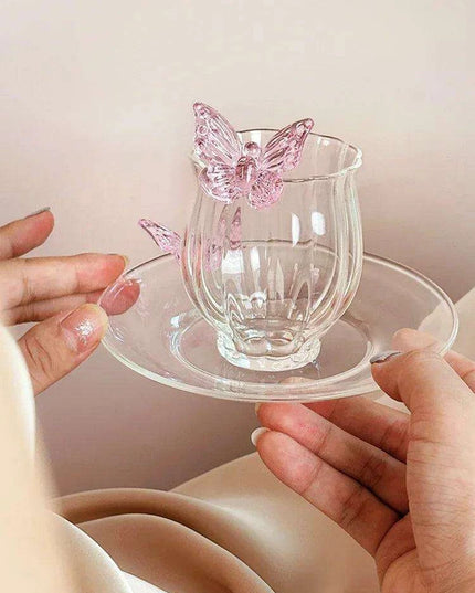 Charming Pink Bow Glass Cup and Saucer Set - 150ml Kids' Drinkware Gift