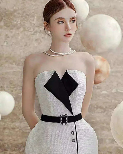 Elegant Strapless Jacquard Party Dress with Color Contrast Accents