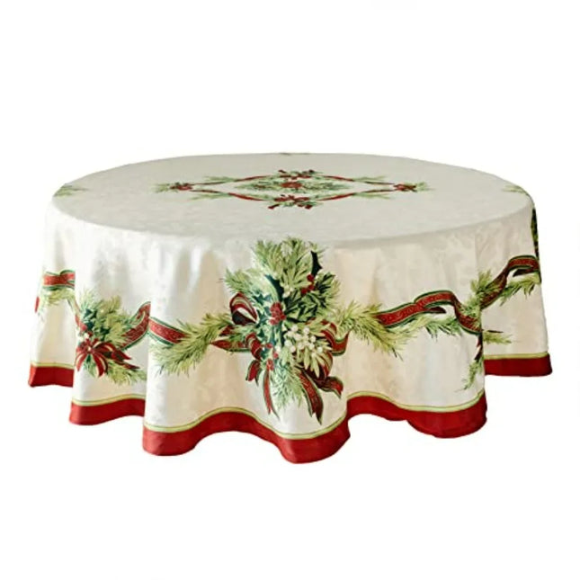 Christmas Ribbons Printed Tablecloth — 70" Round Festive Table Cover