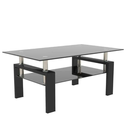 Modern Elegance Black Glass Coffee Table with Metal Framework and Additional Storage