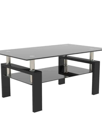 Modern Elegance Black Glass Coffee Table with Metal Framework and Additional Storage