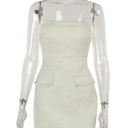 Chic Autumn Duo: Pearl-Embellished Long Sleeve Coat and Strapless Mini Dress Set