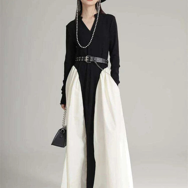Chic Black Color-block Floor-Length Dress with V-Neck and Long Sleeves