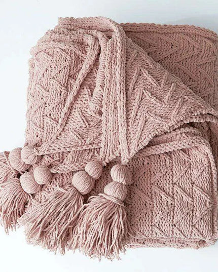 Charming Chenille Knit Throw Blanket with Delightful Pompoms - Cozy Elegance for Your Living Space