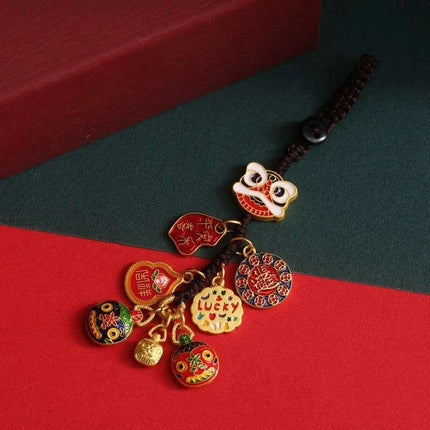 Lucky Fortune Cat Brass Keychain with Five Emperors Coin Charm