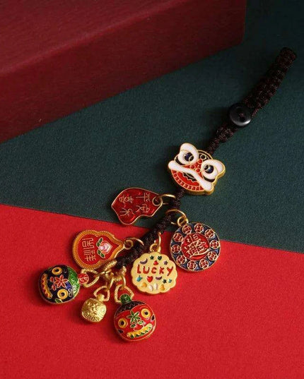 Lucky Fortune Cat Brass Keychain with Five Emperors Coin Charm