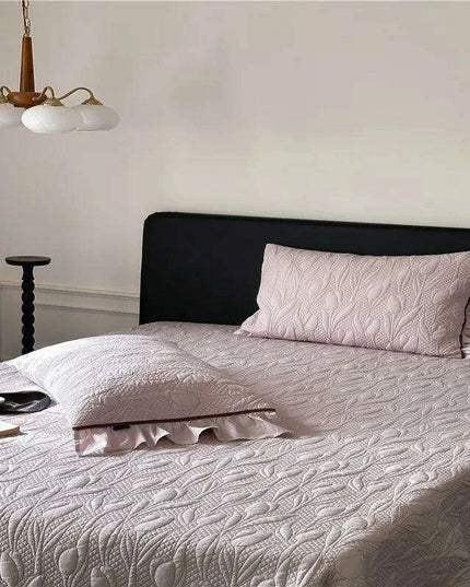 Queen Size 3-Piece Quilted Bedspread Set with Tree Leaves Motif and Pleated Trim - Soft Cotton Comfort