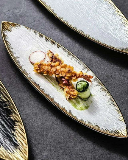 Sophisticated Japanese Ceramic Leaf Plate with Textured Finish and Gold Trim - Perfect for Elegant Dining
