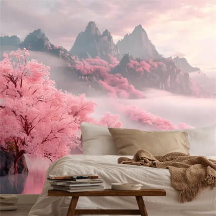 Mountain Lake Cherry Blossom 3D Mural Wallpaper
