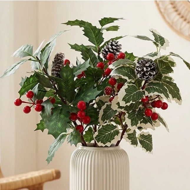 Artificial Christmas Holly & Red Berry Stem, Six Designs