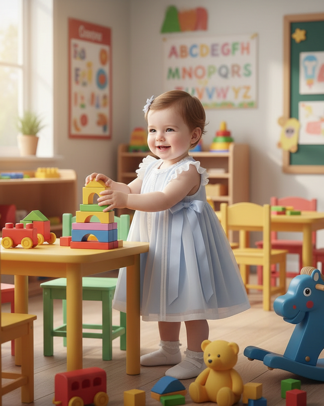 Baby Girl Christening Gown with Spanish Lace and Charming Bow -