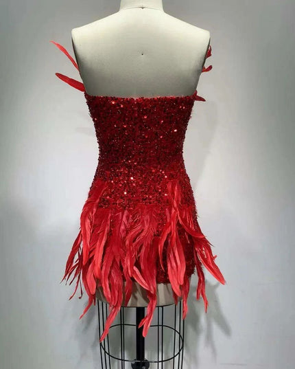 Crimson Elegance Feathered Night Out Dress - Luxe Edition
