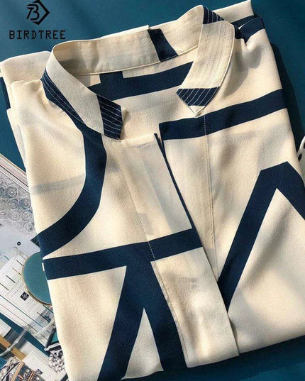 Chic Geometric Print Mulberry Silk Midi Shirt Dress