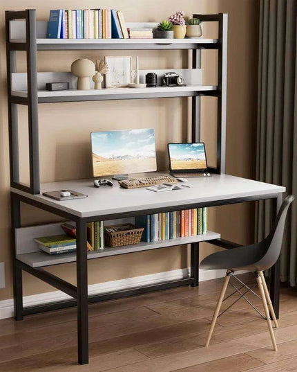 Modern White Office Desk with Hutch and 3-Tier Bookshelf for Stylish Workspace Efficiency