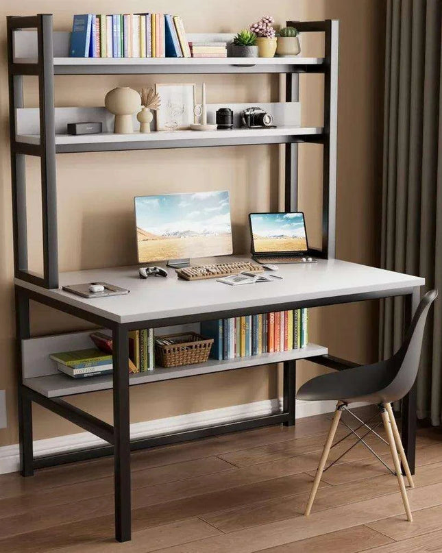 Modern White Office Desk with Hutch and 3-Tier Bookshelf for Stylish Workspace Efficiency