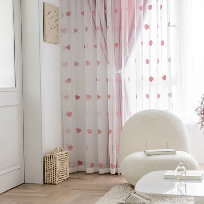 Korean Pink Love Embroidery Blackout Curtains – Tulle & Double Layer, Girls’ Room