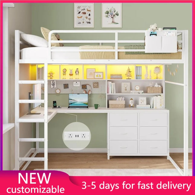 Shop1105673279 Full Loft Bed with Desk & LED Lights, White Metal