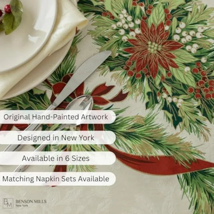 Christmas Ribbons Printed Tablecloth — 70" Round Festive Table Cover