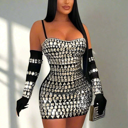 Elegant Diamond-Embellished Bodycon Mini Dress with Matching Gloves for Women - Ideal for Weddings and Special Celebrations