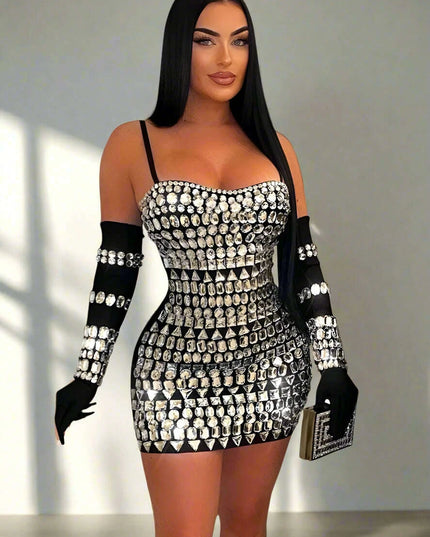 Elegant Diamond-Embellished Bodycon Mini Dress with Matching Gloves for Women - Ideal for Weddings and Special Celebrations