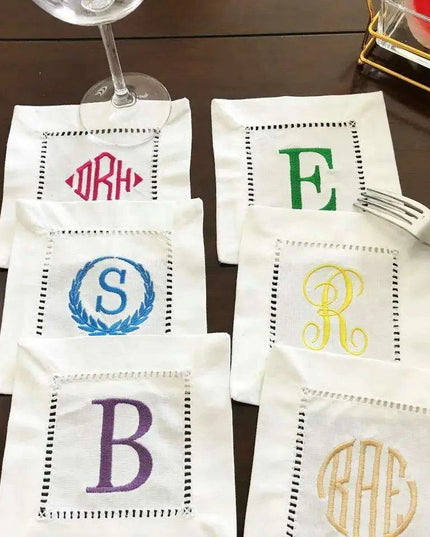 Elegantly Embroidered Camellia Monogrammed Cocktail Napkin Set - A Touch of Victorian Luxury for Your Table