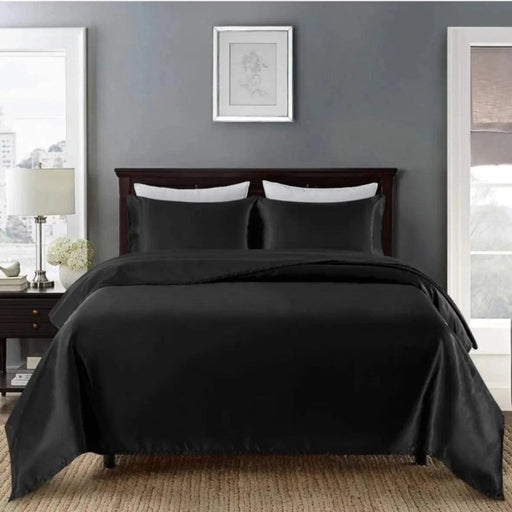 100% Silk Satin Luxury Duvet Cover Set with Hair and Skin Benefits - Black Color