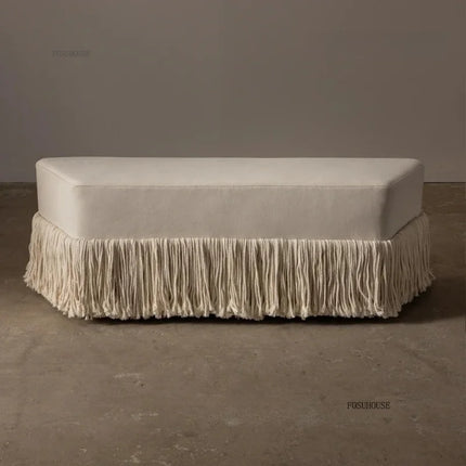 Velvet Ottoman Footstool — Upholstered Fringe Bench & Shoe Stool