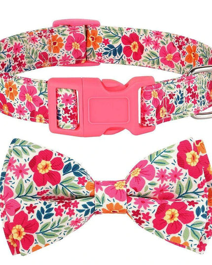 Floral Patterned Adjustable Dog Collar with Bowknot - Padded Nylon for All Breeds