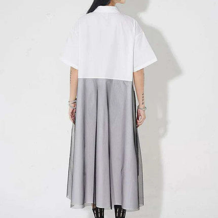 Trendy Plus Size White Mesh Shirt Dress with Irregular Splicing – Short Sleeve Fashion for Spring/Summer 2024