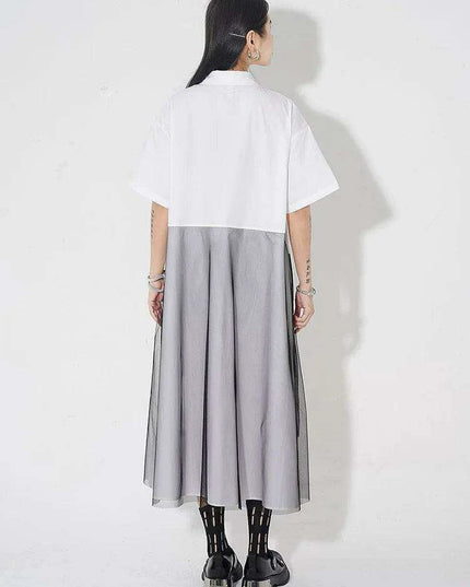 Trendy Plus Size White Mesh Shirt Dress with Irregular Splicing – Short Sleeve Fashion for Spring/Summer 2024