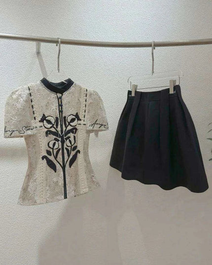 Floral Embroidery Lace Top and Pleated Skirt Set