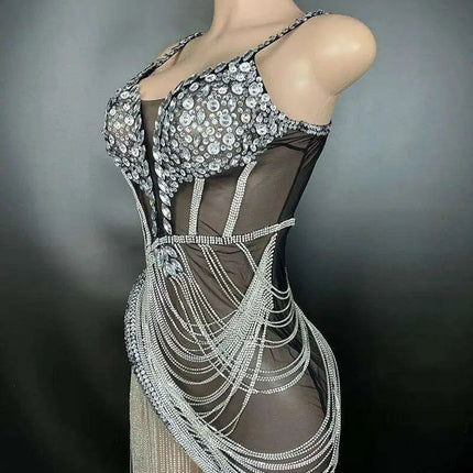 Sparkling Black Rhinestone Mini Dress with Playful Fringe