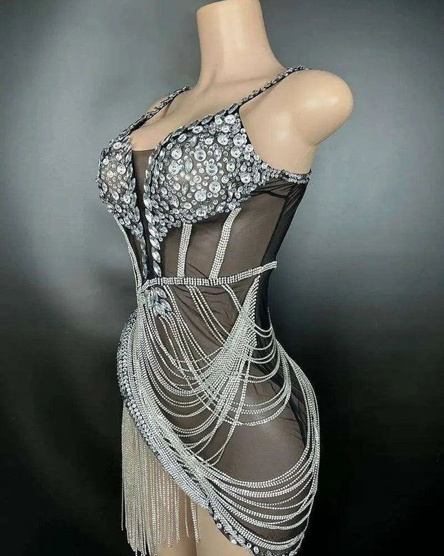 Sparkling Black Rhinestone Mini Dress with Playful Fringe