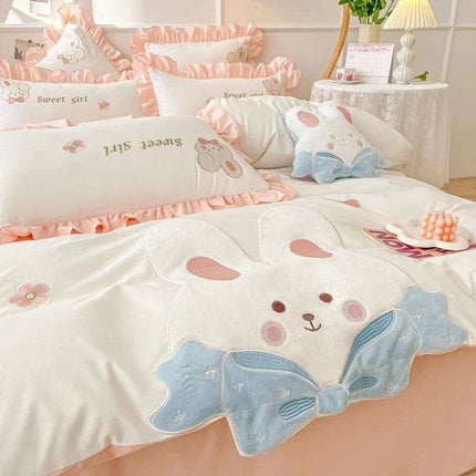 Charming Rabbit Applique Washed Cotton Bedding Set for Girls