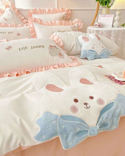 Charming Rabbit Applique Washed Cotton Bedding Set for Girls