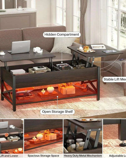 Modern Lift-Top Coffee Table with LED Lighting, USB Ports, and Smart Storage Solutions