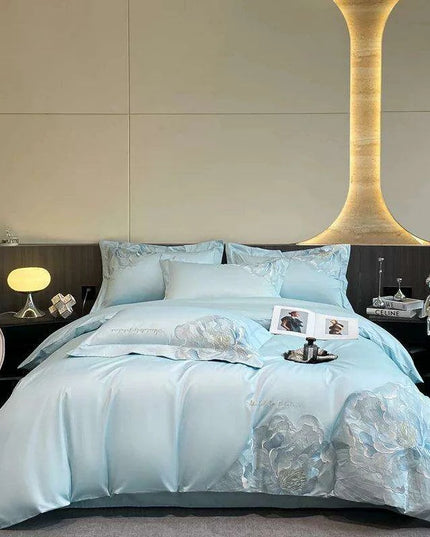 Elegant Floral Embroidery Cotton Bedding Collection - 4-Piece Duvet Cover Set with Sheets and Pillowcases in Soft Pink, Gray, and Blue