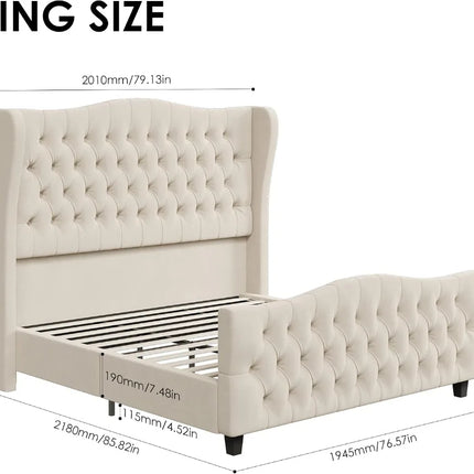 King Size 54.3" Tall Platform Bed Frame with Wingback Headboard, Velvet Upholstered, No Box Spring Needed, Beige king-size-54-3-tall-platform-bed-frame-with-wingback-headboard-velvet-upholstered-no-box-spring-needed-beige