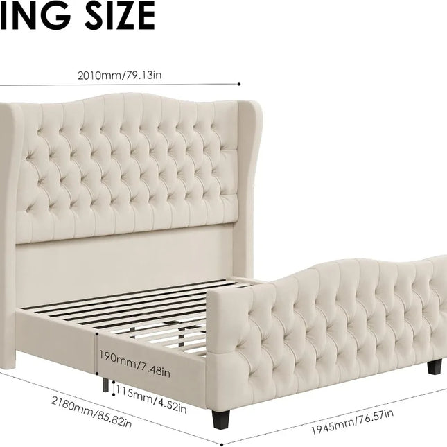 Shop1105673279 King Size Velvet Platform Bed Frame, Wingback, Beige