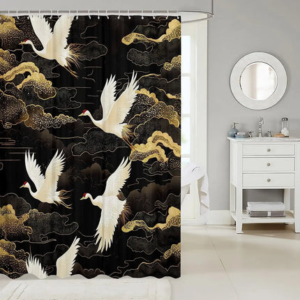 Japanese Crane Shower Curtain Oriental Golden Crane and Cloud Art Waterproof Polyester