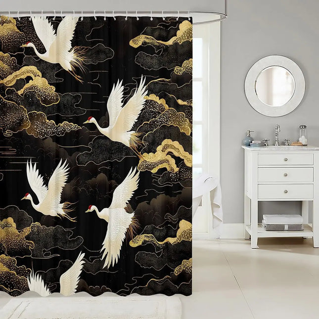 Japanese Crane Shower Curtain Oriental Golden Crane and Cloud Art Waterproof Polyester