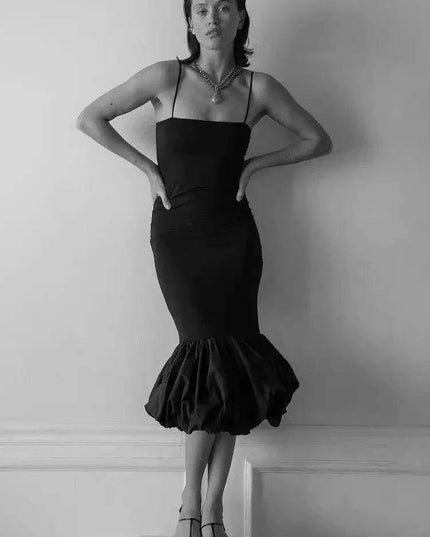 Sleek Black Spaghetti Strap Fishtail Evening Dress - High Waist Glamour for Women