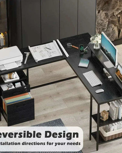 Modern Black L-Shaped Office Desk with Integrated Power Outlets